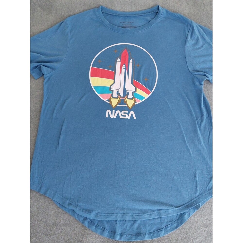 Women's NASA Space Shuttle Graphic T-Shirt XL Blue Retro Rainbow Mad Engine